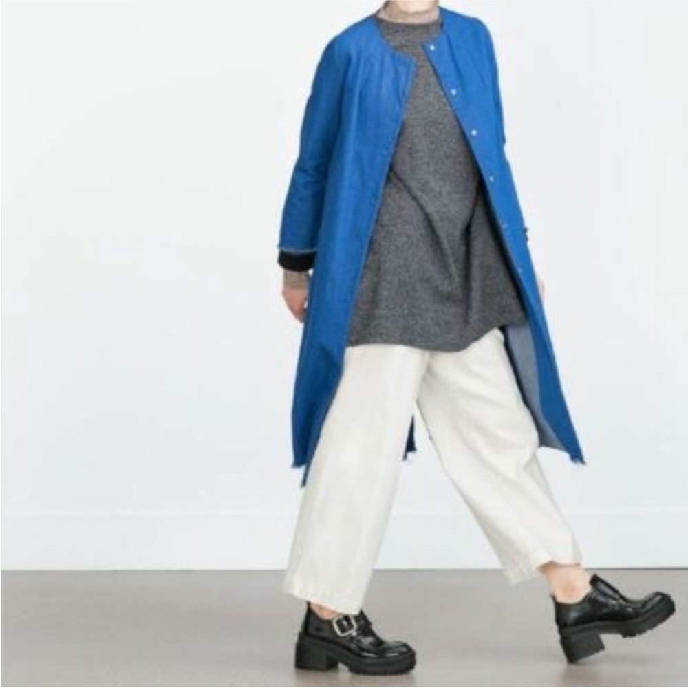 ZARA Blue Jean Jacket longline collarless denim duster small - Picture 3 of 13